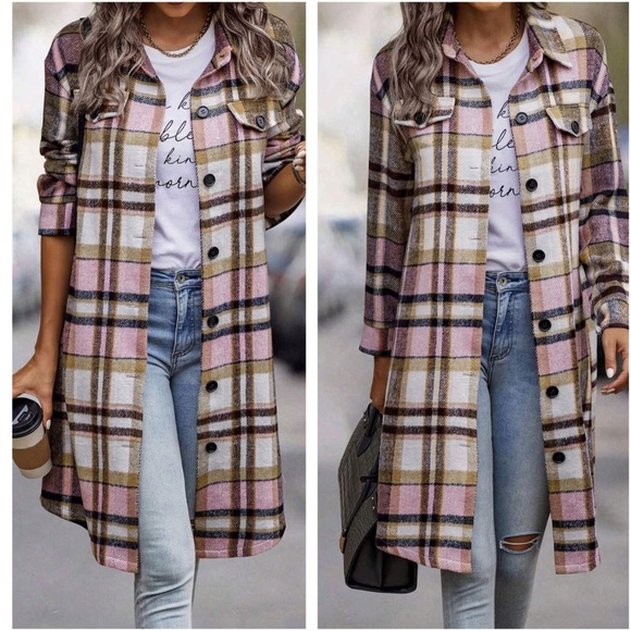 Cozy Plaid Print Button Down Oversized Long Jacket Shacket - Picture 5 of 7